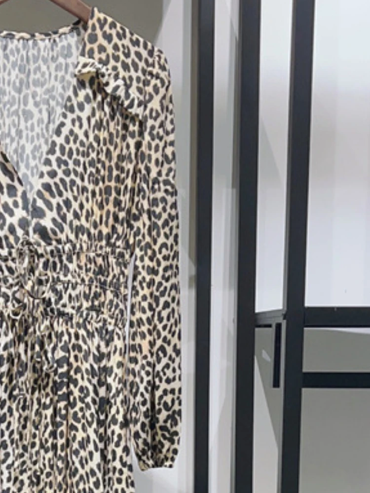 2022 Autumn and Winter New Women Dress Leopard Print Elastic Lace Waist Long Dress