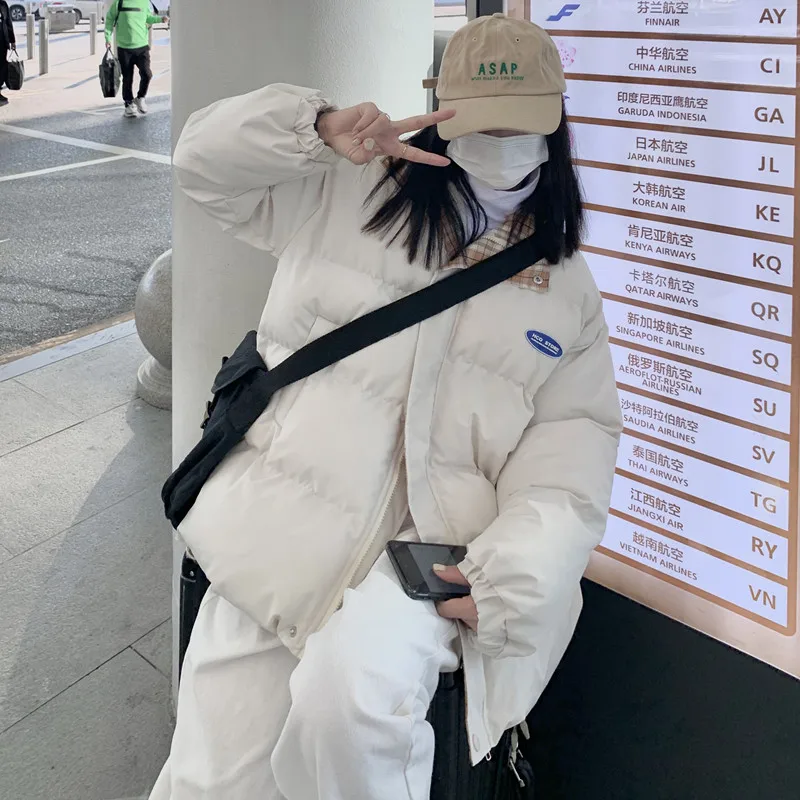 2022 Winter Fashion Parka Coat Women'S Plaid Patchwork Street Harajuku Warm Casual Jacket Loose Simple High Collar