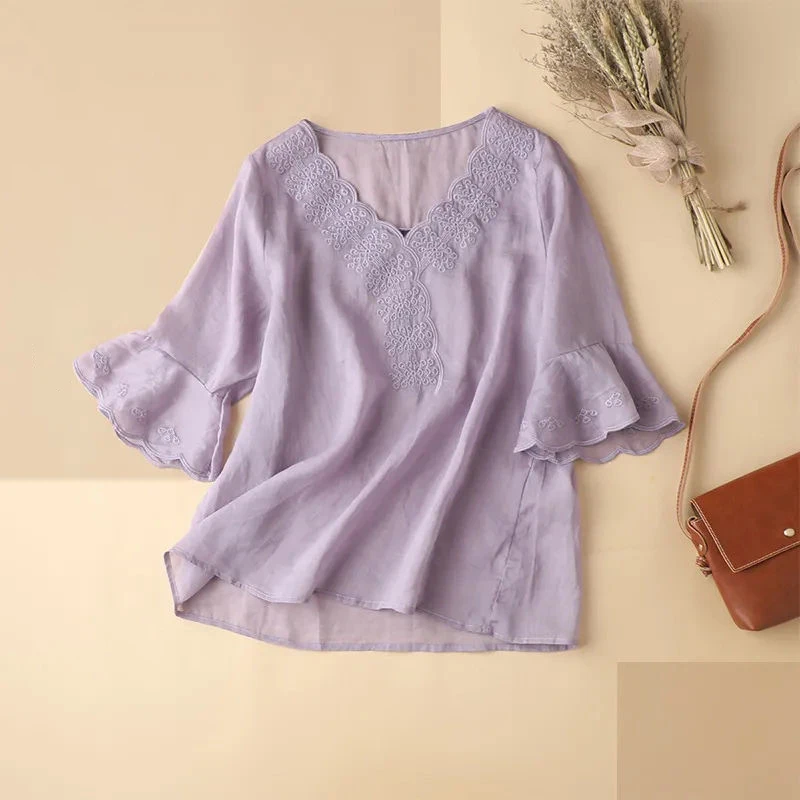 

100% cotton summer embroidered T-shirt women loose V-neck pullover flared five-point sleeves large size tops female