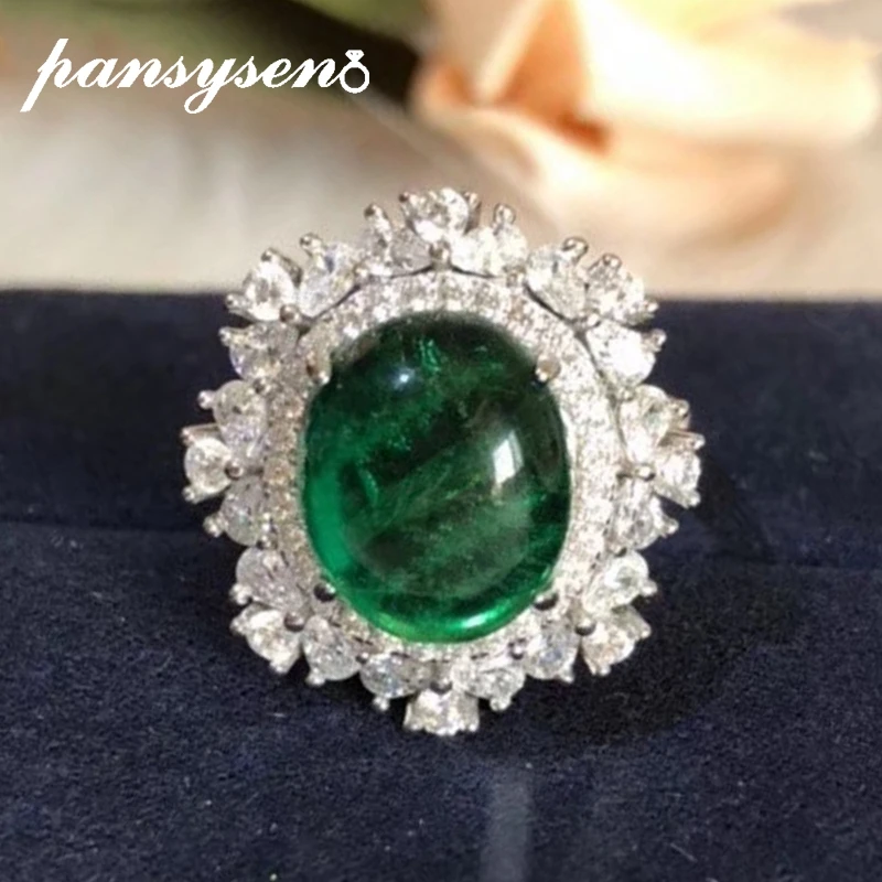 

PANSYSEN 100% 925 Sterling Silver Oval Cut Emerald Simulated Moissanite Gemstone Rings for Women Anniversary Fine Jewelry Gifts