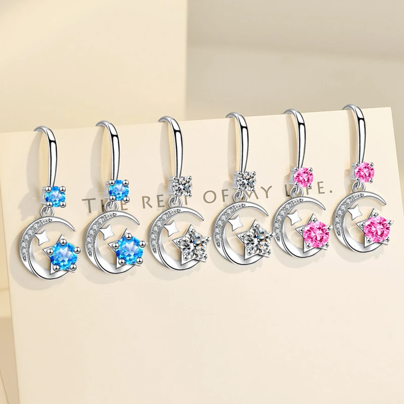 

New Stamp Silver Color Women Earrings Multicolor Moon Drop Earrings For Women Girl Temperament Ear Hooks Festival Jewelry Gifts
