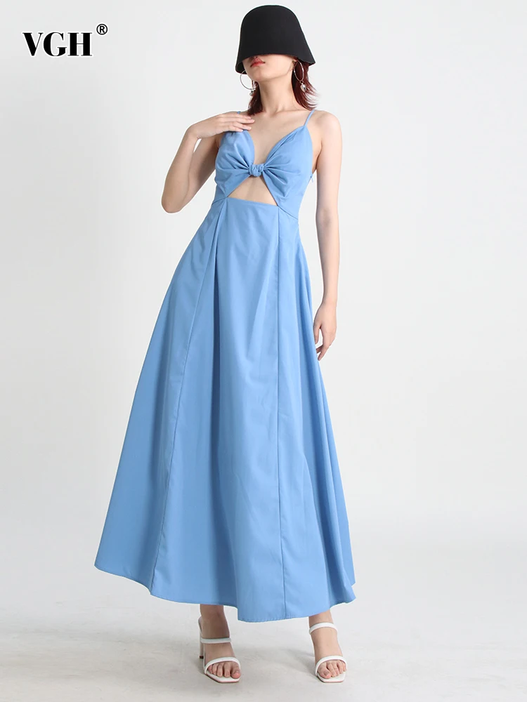 

VGH Backless Dresses For Women V Neck Sleeveless High Waist Folds Elegant Sexy A Line Pullover Camisole Dress Female Fashion New