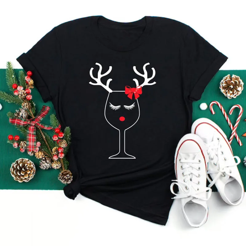 New Merry Christmas T-shirt Fashion Women T-shirt Red Wine and Christmas Hat Printed Tops Short Sleeve Female Graphic Tee Shirts