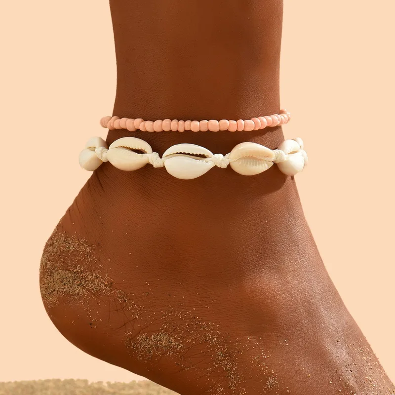 

2Pcs/Set Scallop SeaShell Anklet For Women Beads Rice Chain Summer Beach Barefoot Bracelet on the Leg Bohemian Foot Jewelry