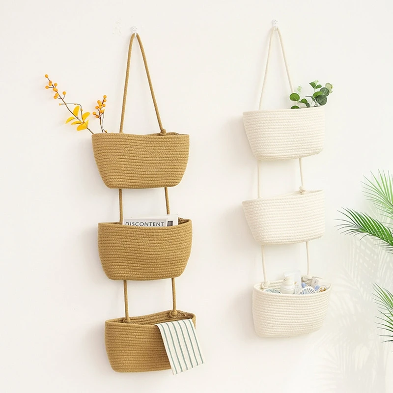 

Wall Hanging Woven Storage Basket Cotton Rope Organizer 3 Tier Multipurpose for Home Bedroom Dormitory Toys Book Organization