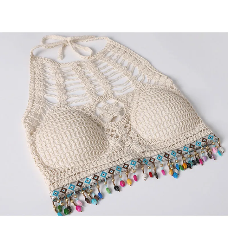 Женское сексуальное бикини с кисточками майка женское вязаное лямкой на шее топы