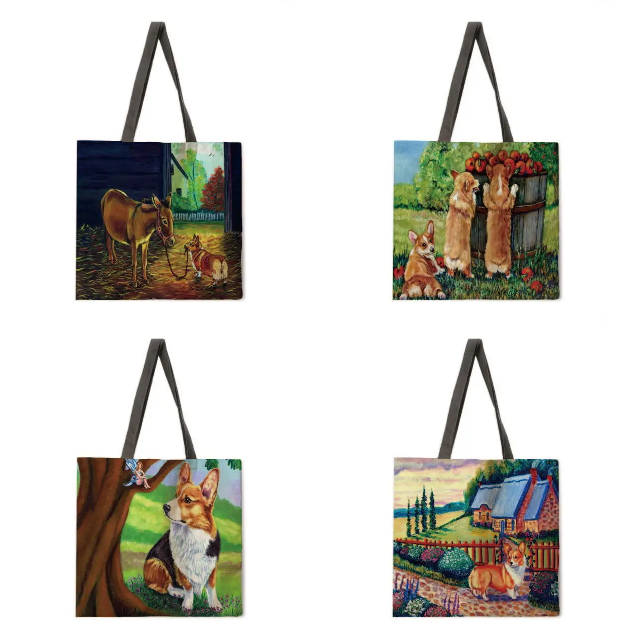 

High quality linen shoulder bag oil painting corky printed handbag fashionable women's leisure beach shopping bag handbag