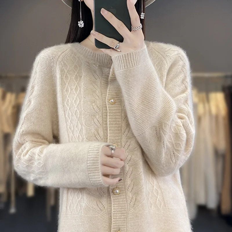 Осень-зима новый женский свитер 100% кашемир Merino кардиган с круглым вырезом модная