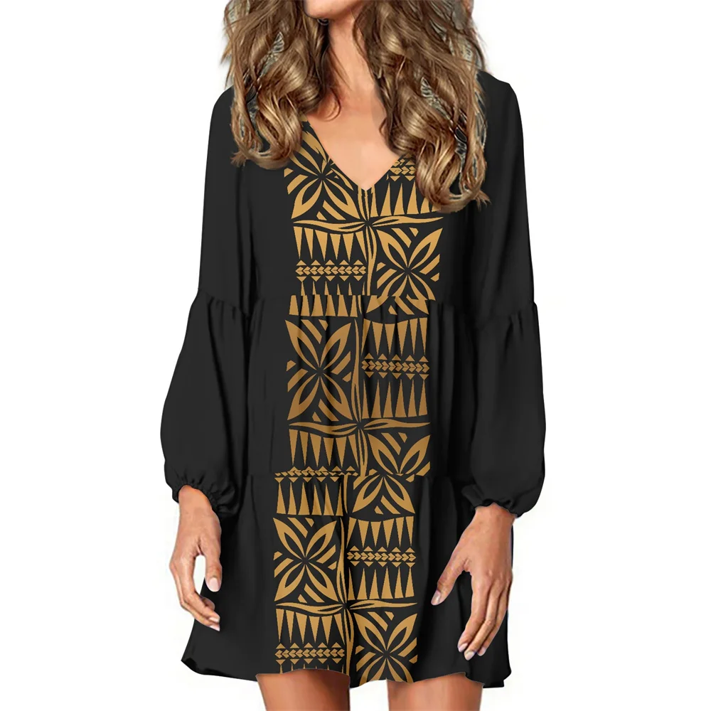 

Drop Shipping V-neck Women Dresses Mini Long Lantern Sleeve Loose Dresses Polynesian Brown Tapa Flower Printed Casual Dresses