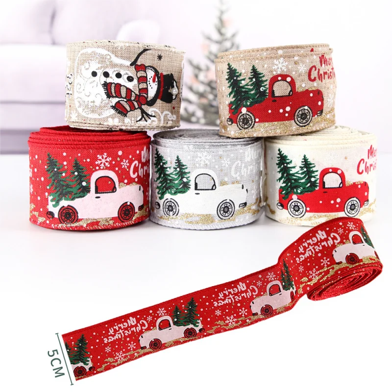 

5M Christmas Tree Ribbon Fine Linen Snowman Color Car Print Ribbons DIY Bows Wrapping Gift Box Christmas Party Decor Supplies