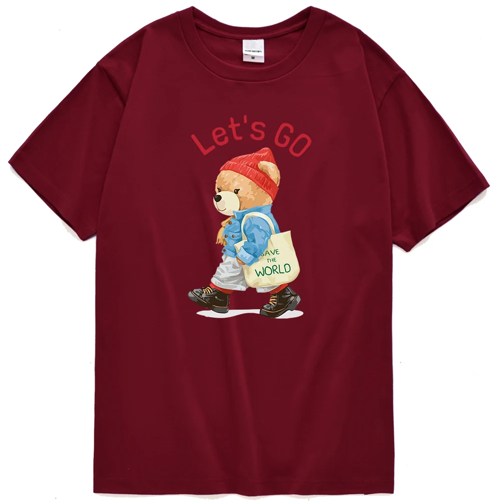 

Fashion Teddy Bear Let'S Go Travel The World Print Tshirts Man Basics Graphic T-Shirt Unisex Fit Top Korean Cotton T Shirts Mens
