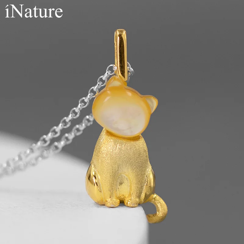 

INATURE Natural Shell Cat tilts Head 925 Sterling Silver Pendant Necklace for Women Jewelry Gift