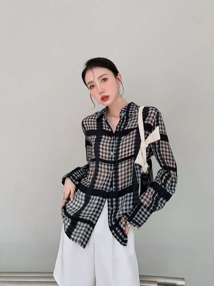 

CHEERART Plaid See Through Shirt For Women Long Sleeve Top And Blouse Button Up Collared Shirt Fall 2021 Trend Fashion Women