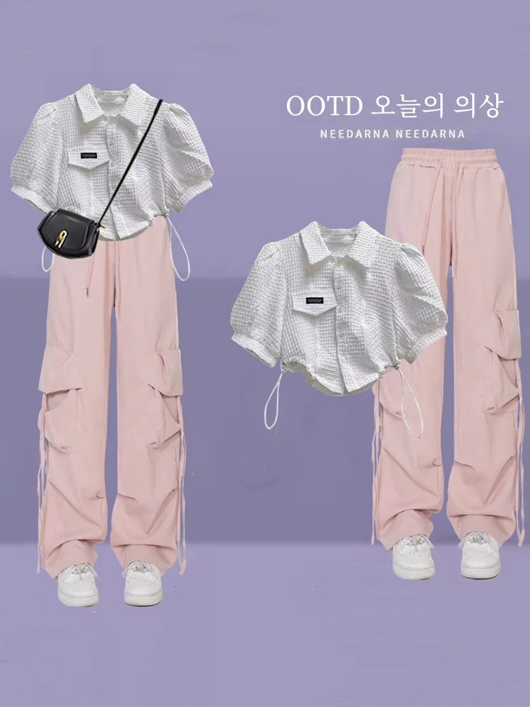 Preppy Sle A and Suit Women's Cargo Pants New Arrival 2025 Summer Shirt Two-piece Set Small Sized Man's Wear