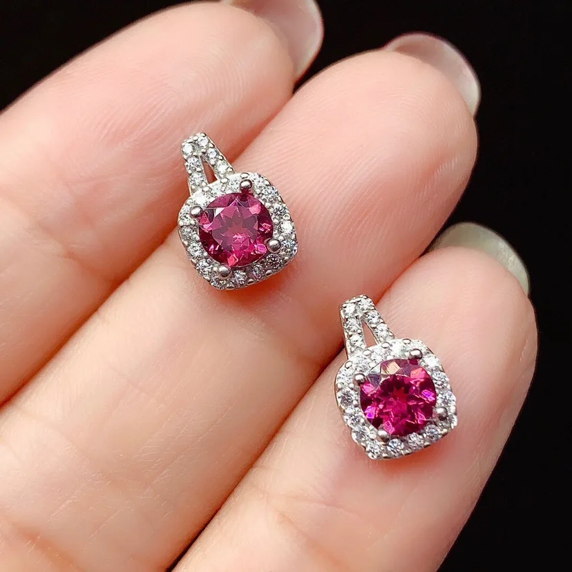 

2021 New Fashion Luxury 925 Silver Plated Rubellite Zircon Stud Earrings for Women Valentine's Day Wedding Anniversary Gifts