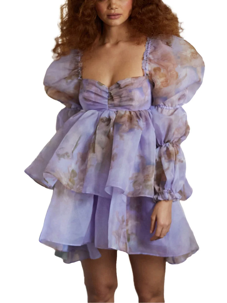 

Women Ruffle Princess Tulle Dress Puff Sleeve Dress Floral Printing Ruched Summer Dress Party Prom