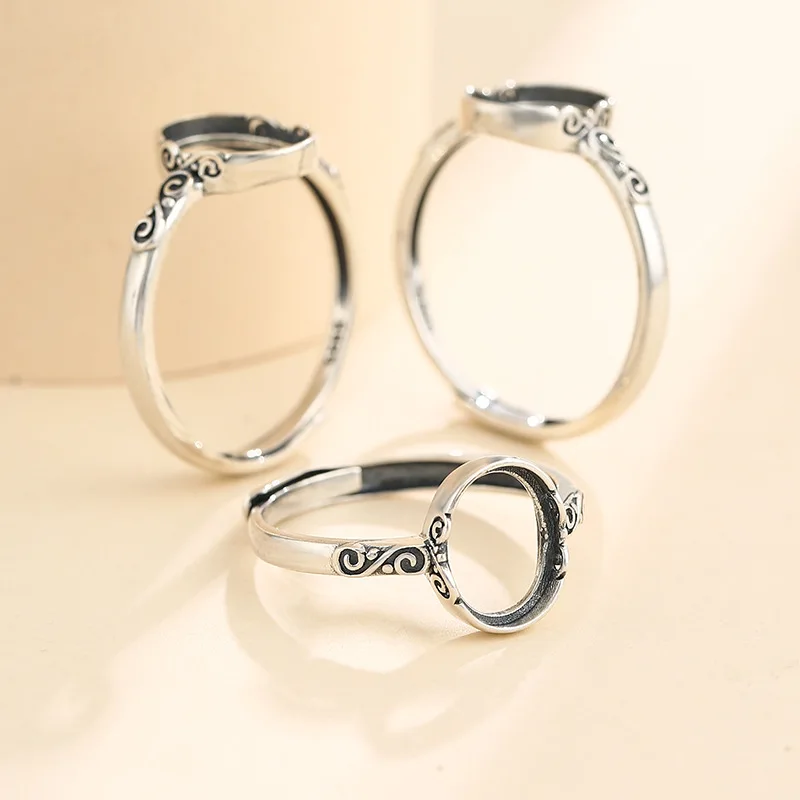 8x10mm S925 Sterling Silver Retro Elliptic Shape Blank Base Adjustable Ring Inlaid With Agate DIY Jewelry Making Accessories