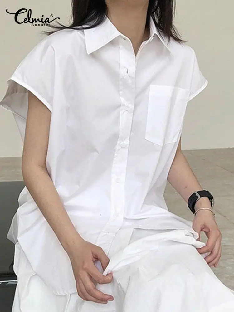 

Женские однотонные рубашки Celmia 2022, модные блузки с карманами и коротким рукавом, Повседневная Свободная блузка в Корейском стиле, туника на ...