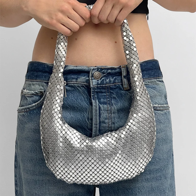 

Модные женские сумки на плечо из металлической сетки, дизайнерские Серебристые дамские сумочки, роскошные блестящие сумки-Хобо для вечерни...