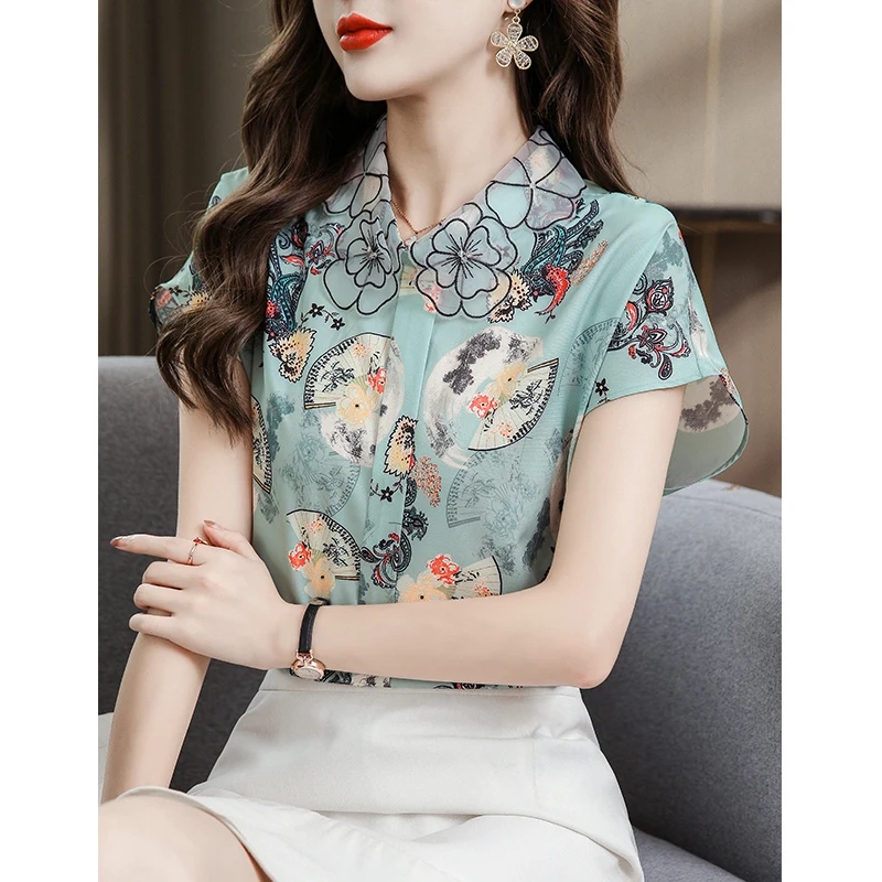 

Шифоновая рубашка для женщин, Новинка лета 2023, блузки в китайском стиле с принтом, облегающий модный топ с коротким рукавом и отложным воротником YCMYUNYAN
