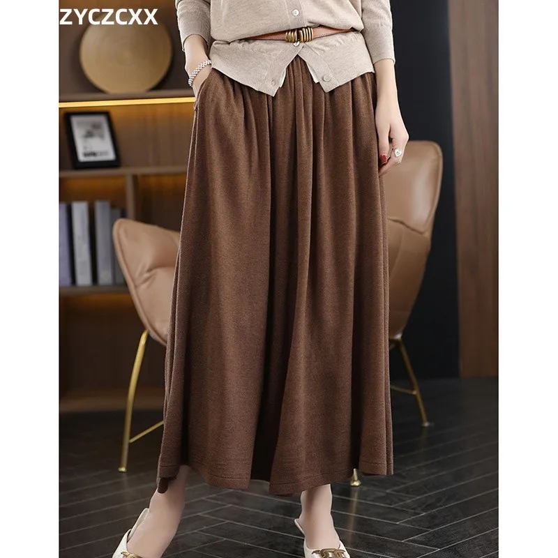 

ZYCZCXX Korean Version Of Wool Skirt Women's Knitted Loose Casual Long Skirt Temperament Elegant Solid Color A-line Skirt