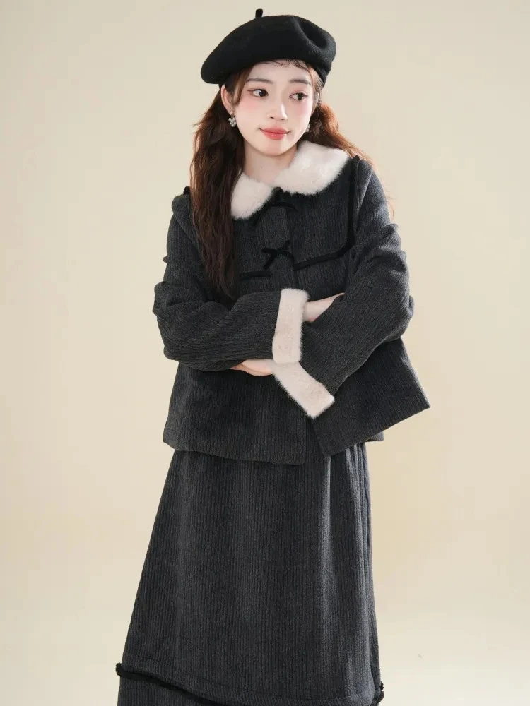 Костюм с юбкой шерстяное пальто стеганая куртка лацканами + юбка трапециевидной