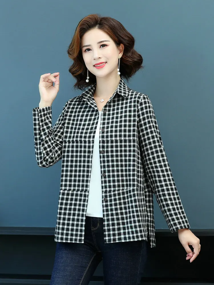 Рубашка женская клетчатая с отложным воротником и длинным рукавом из хлопка |