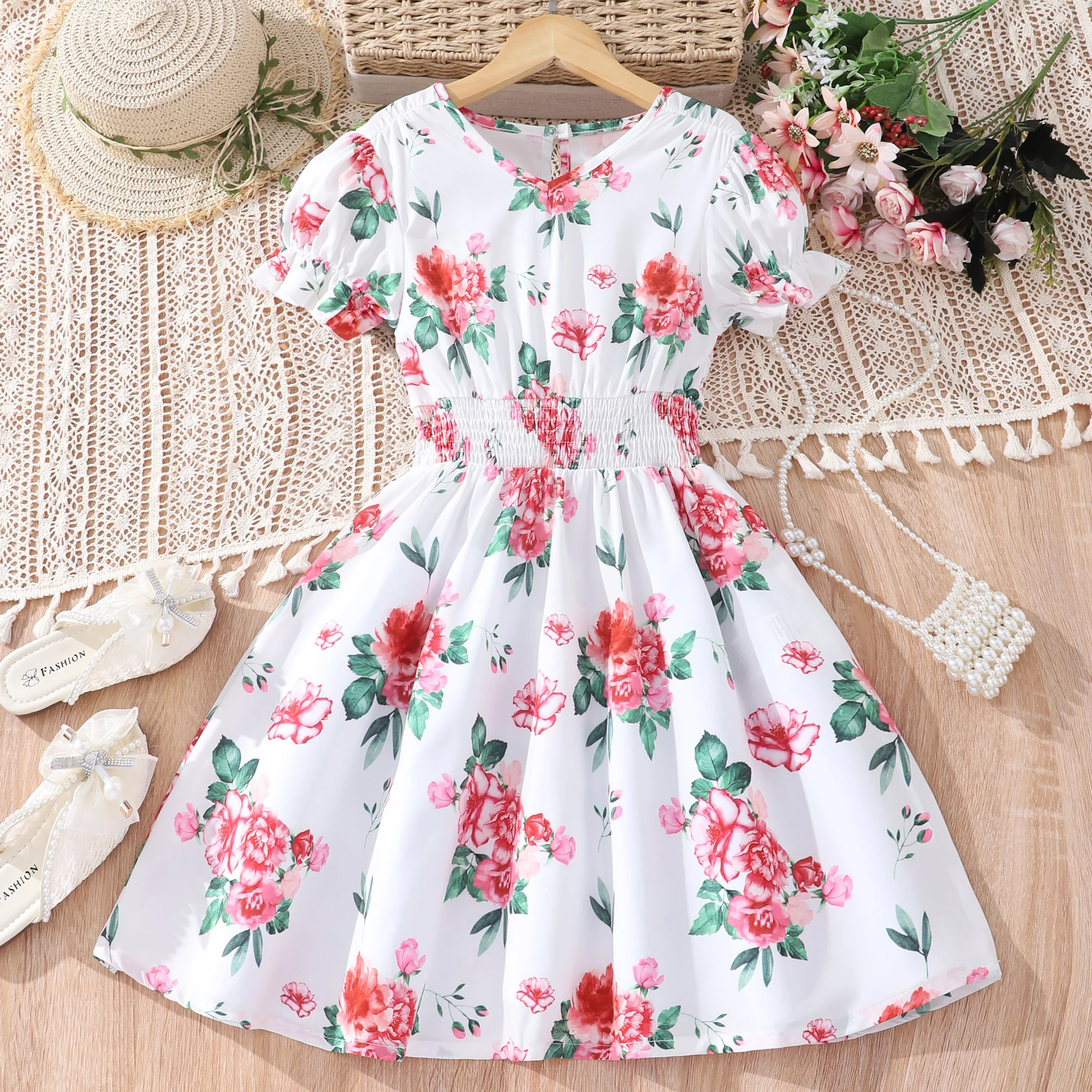 

Summer Girls' Dress Princess Short Sleeve Bubble V-Neck Flower Dress White Fashion Casual Dress Clothing for Girls