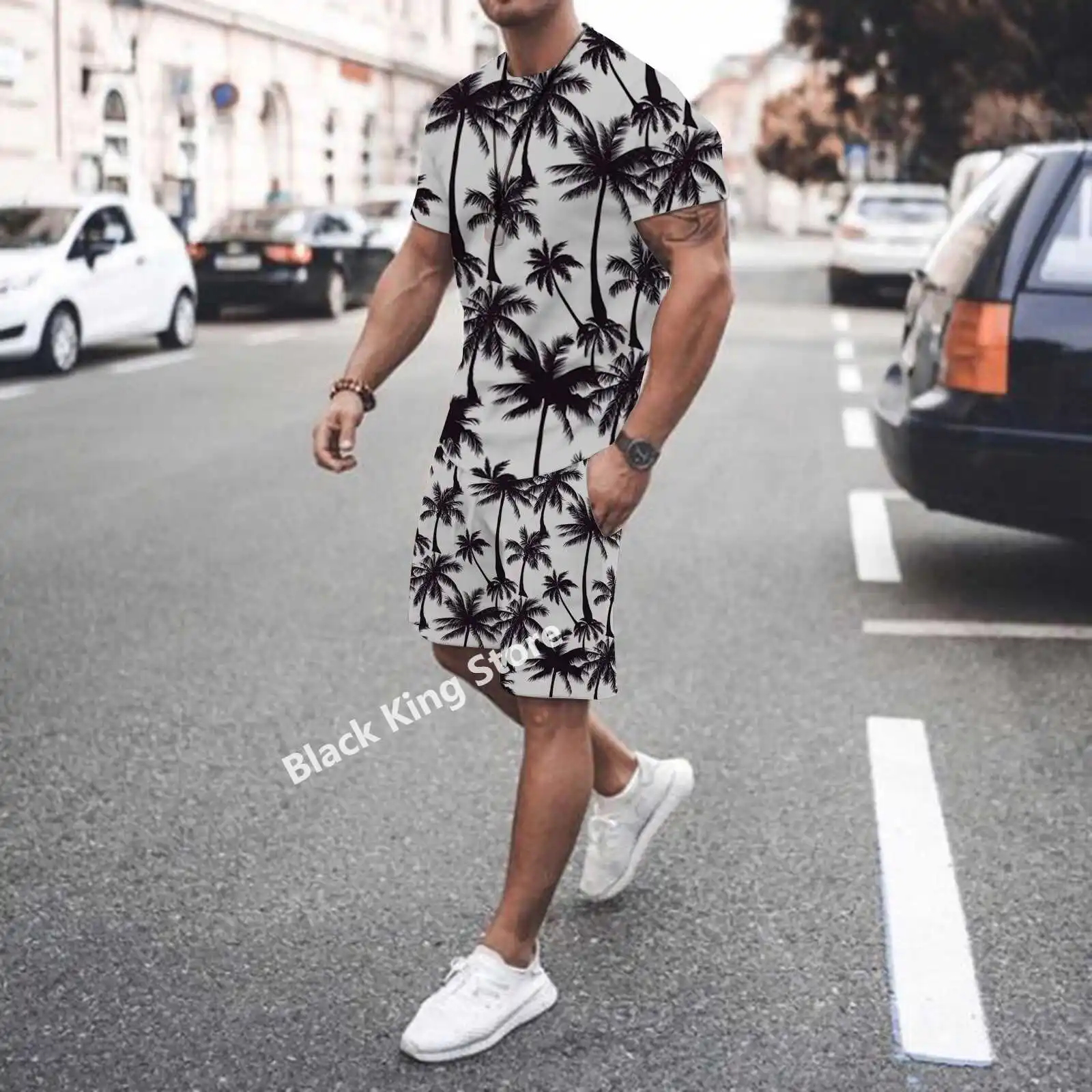 Men's Casual Suit Causal Short Sleeve Summer  Maple Leaf Beach Shorts Sportswear 2 Piece Set Tracksuits Suits for Men Clothing