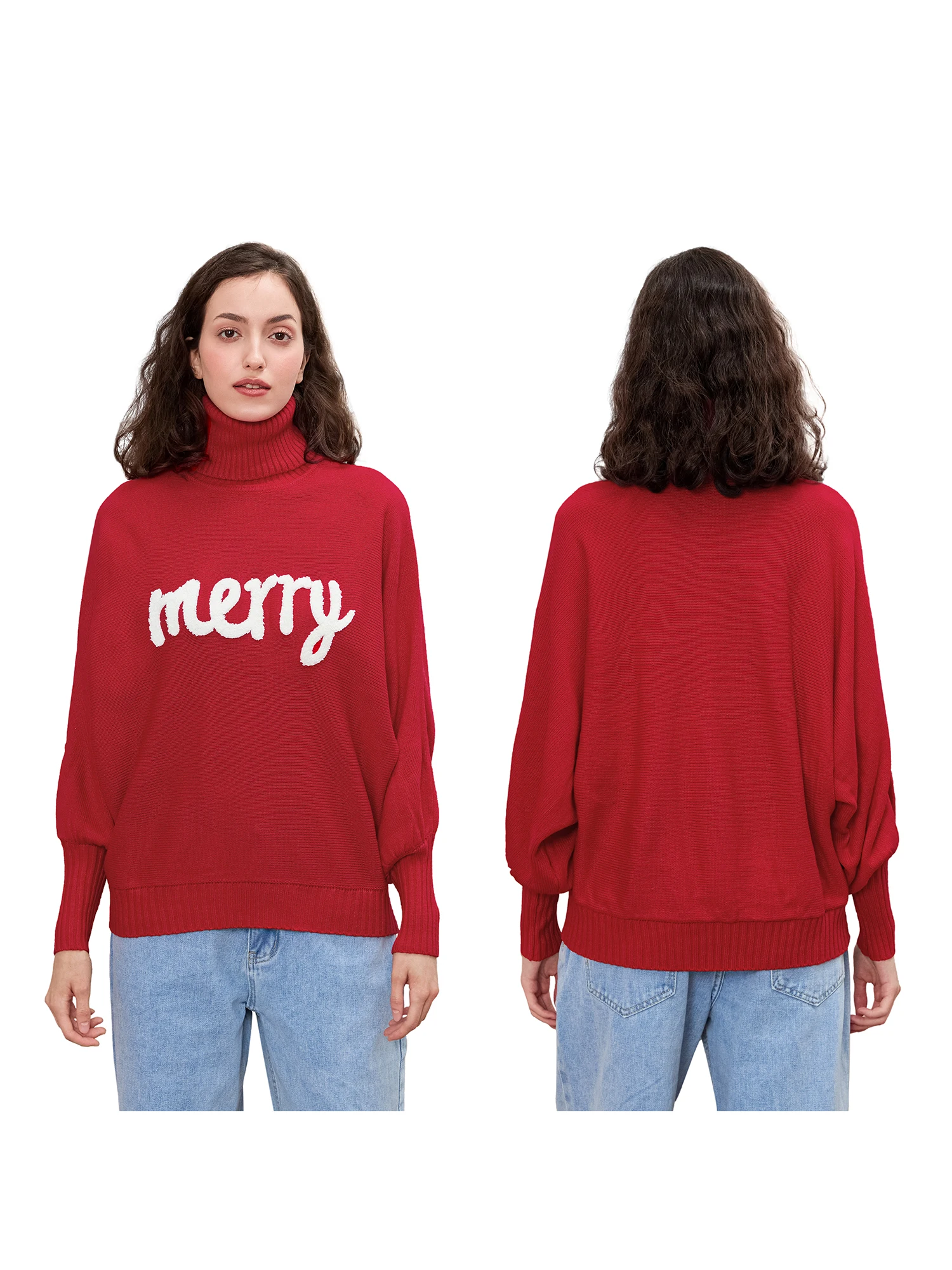 Женские рождественские свитера с длинным рукавом водолазка вышивкой букв