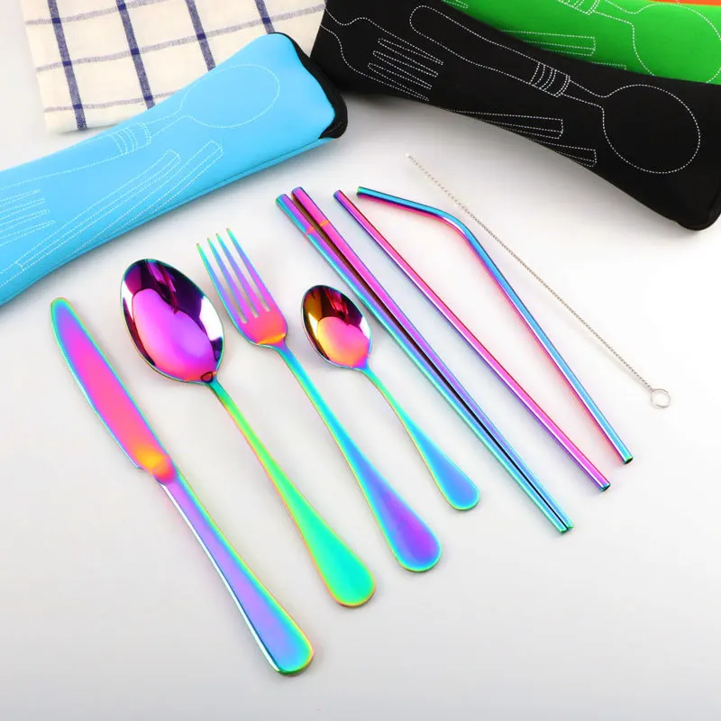 

7/8pcs Set Dinnerware Portable Printed Stainless Steel Spoon Fork Steak Knife Set Travel Cutlery Tableware with Bag Random