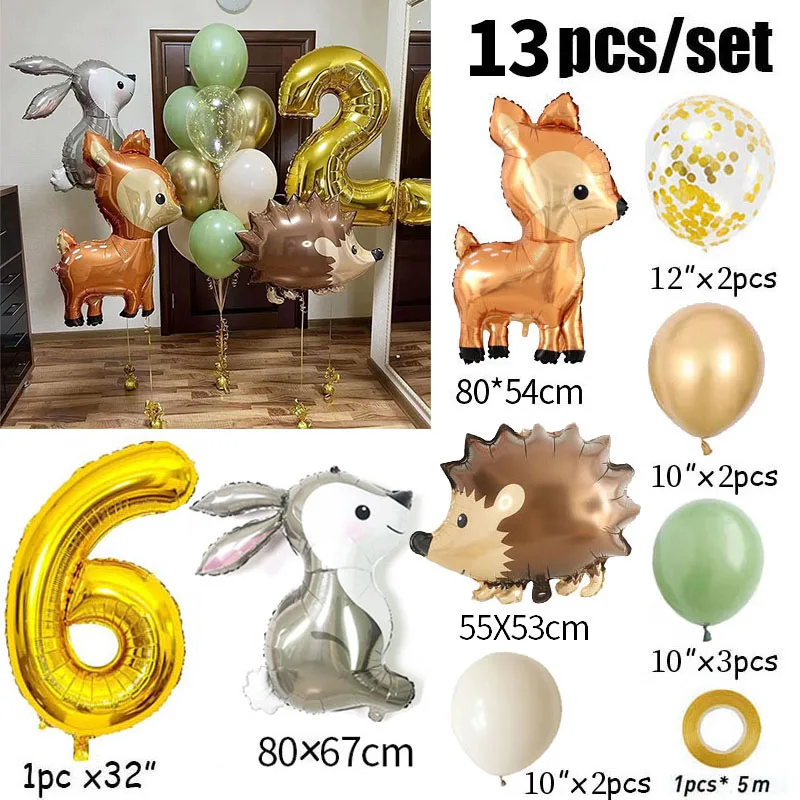 Фольгированные шары с золотыми цифрами и животными, набор из 13 шт., для детского праздника 2 года