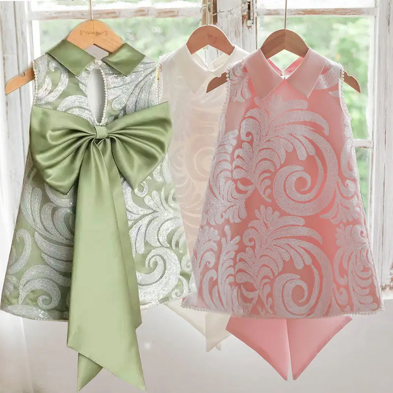 

Baby First Birthday Dress Autumn Children's Wear Girls Princess Dress Beautiful Baby Bow Sleeveless Dress