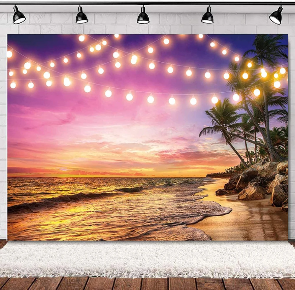 

Summer Beach Photography Backdrop Tropical Night Sunset Tree Leaves Ocean Island Seaside Scene Wedding Background Baby Birthday