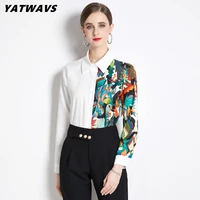 lady autumn office chic shirts elegant turn down collar single breasted vintage print tops blouse women casual work wear shirts