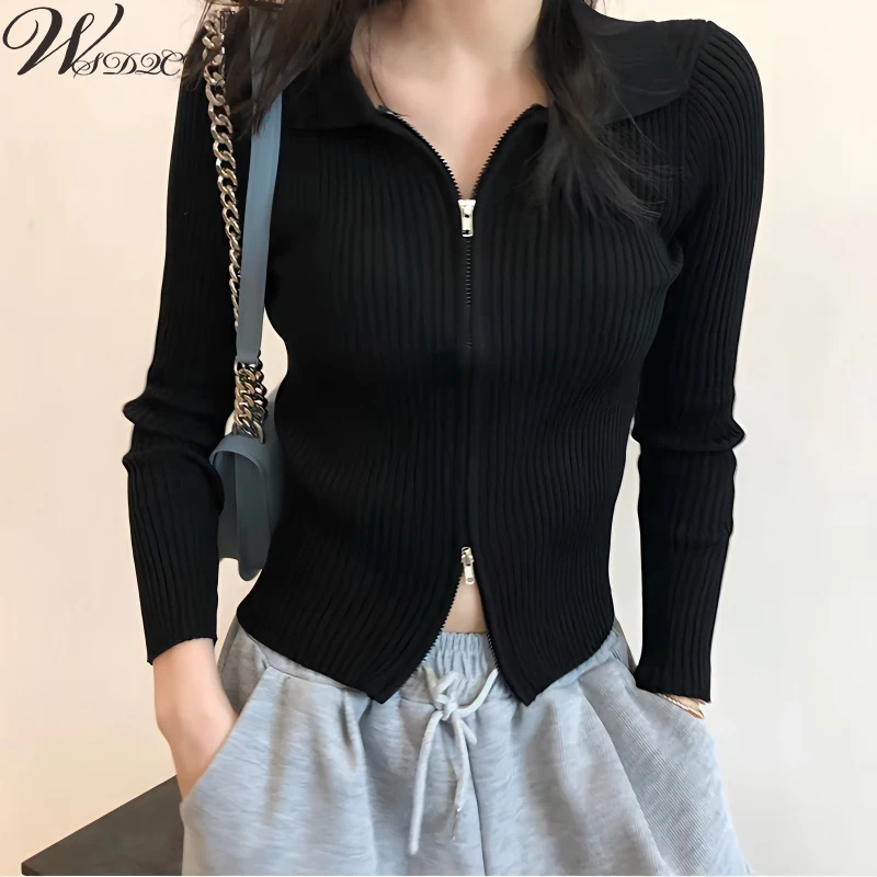 

Autumn Winter Polo Collar Basic Cardigans Women Korean Double-Headed Zipper Long Sleeve Knit Pullover Slim Ladies Knitwear Top