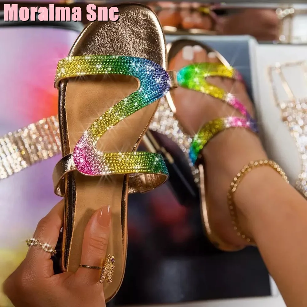 Rainbow Crystal Bling Slippers Flat With Open Toe Sexy Women Shoes Slides Summer Fashion Casual Beach European Style Silver 2023