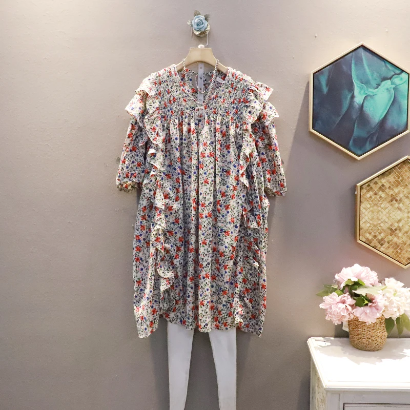 

SuperAen Ruffles Floral Printing Summer New Retro Fashion Loose Oversized V-Neck Puff Sleeve A-LINE Casual Woman Dress