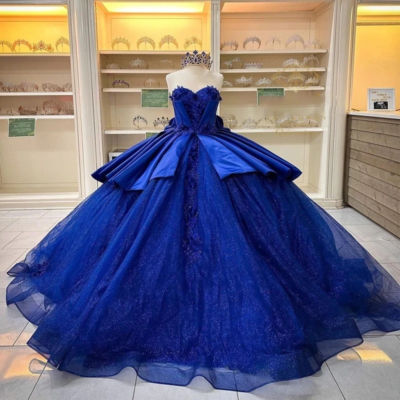 

ANGELSBRIDEP Королевское синее платье Quinceanera аппликации из бисера с большим бантом милое 16 принцессы платье на день рождения 15 лет