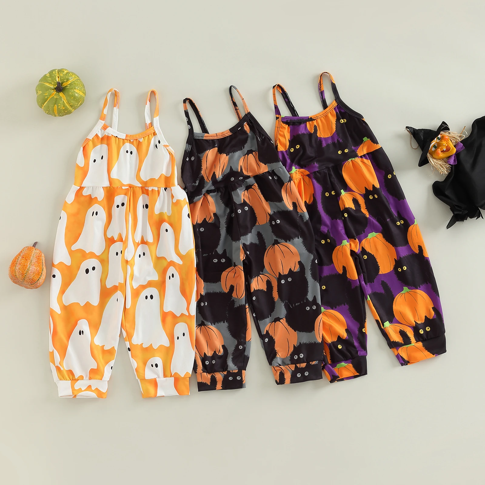 

Bmnmsl Toddler Kids Girls Halloween Romper Ghost/Cartoon Cat Pumpkin Print Sleeveless Sling Jumpsuit Clothes