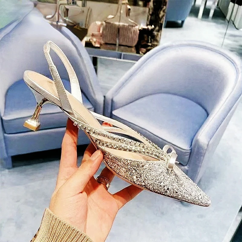 

Baotou Sandals Women's 2022 New Pointed Toe Back Stumbling Sequins Women's Shoes Bow Rhinestone Stiletto Wedding Shoes