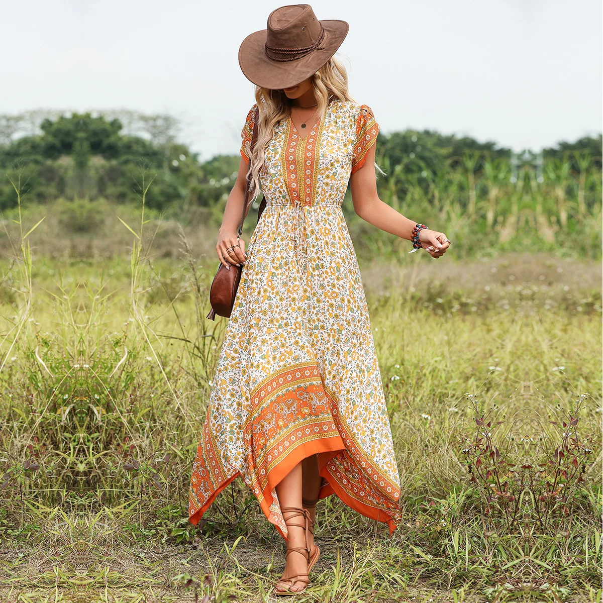 

2023 Summer Women Elegant Floral Print High Waist V-Neck French Style Long Cotton Dress Female