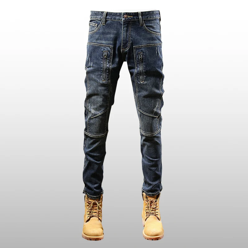 Street Fashion Men Jeans Vintage Blue Zipper Designer Elastic Stretch Skinny Ripped Jeans Men Spliced Hip Hop Biker Pants Hombre