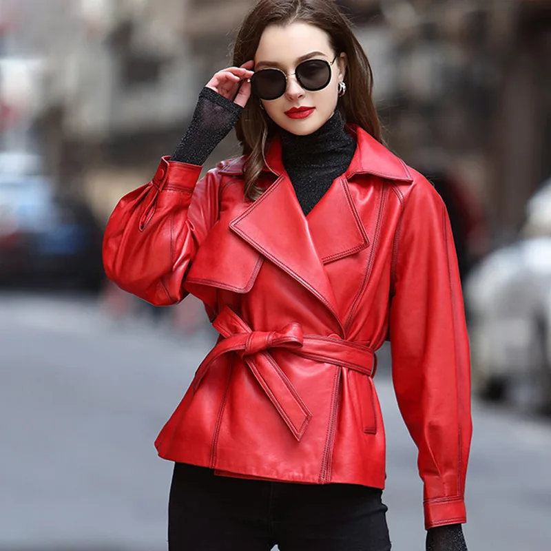 Red Leather Jacket Women's Spring Autumn Genuine Leatther Tops Short Sheepskin Jacket Motorcycle Coats Belt Coat