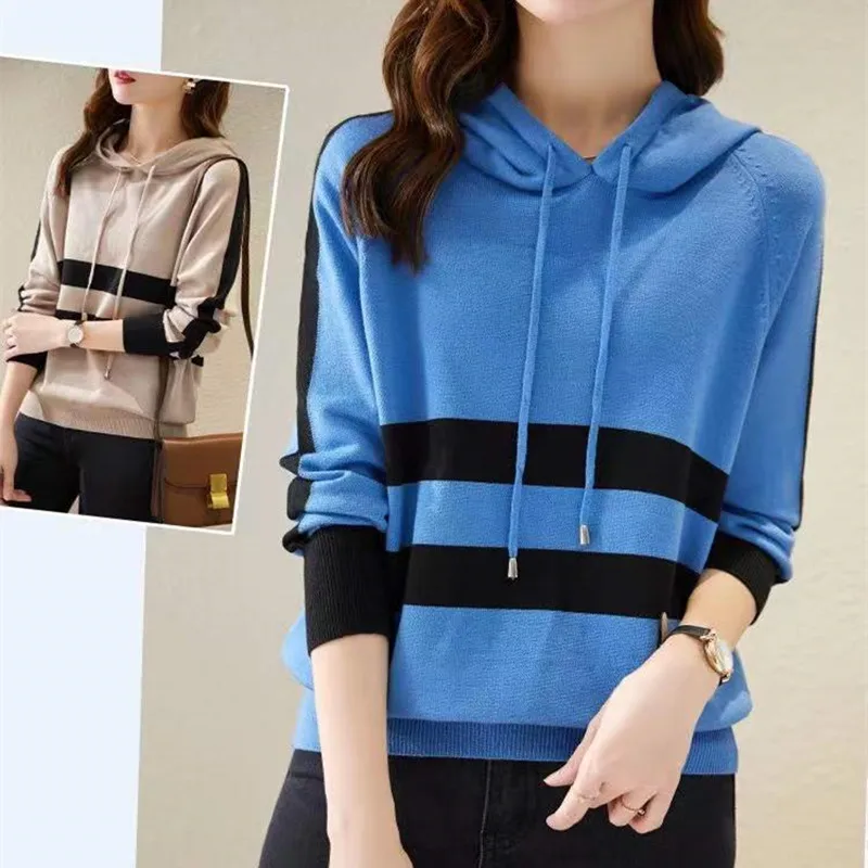 

Новые женские толстовки, модные дизайнерские толстовки в полоску, Женские Повседневные вязаные тонкие весенне-осенние толстовки, винтажны...