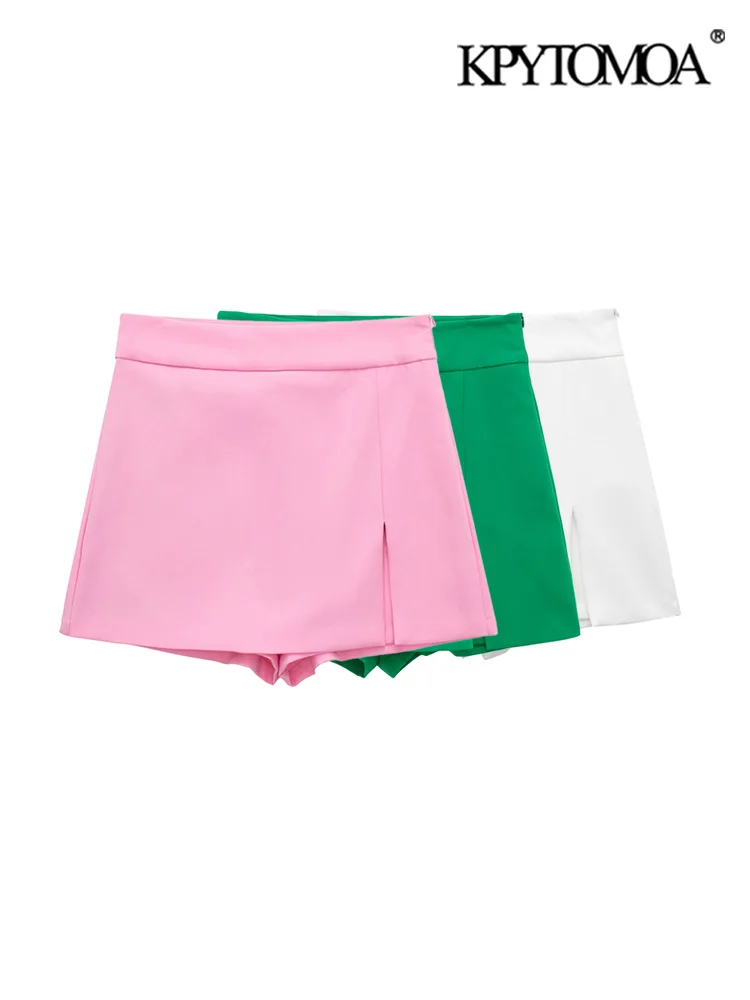 

KPYTOMOA Women Fashion With Slit Office Wear Shorts Skirts Vintage High Waist Side Zipper Female Skort Mujer