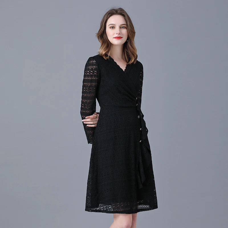 

Stretch brand lace dress Spring and autumn new fashion big brand black celebrity design sense minority plus size small black ski