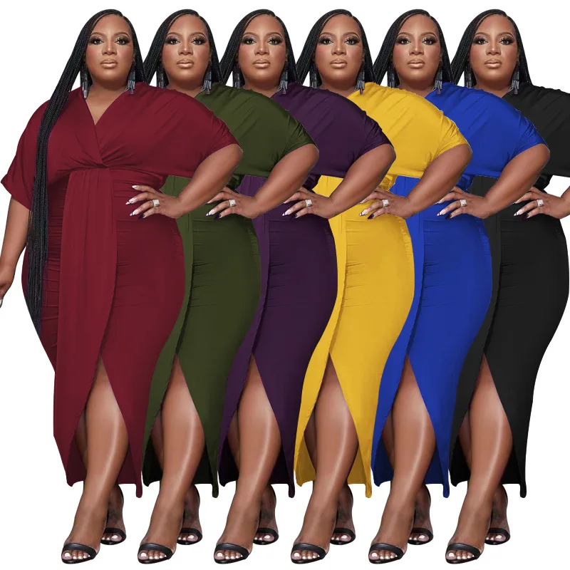 

5XL Overszie Women Bodycon Dress 2023 Spring Summer Half Sleeves V Neck Front Split Sexy Ladies Party Nightclub Dresses