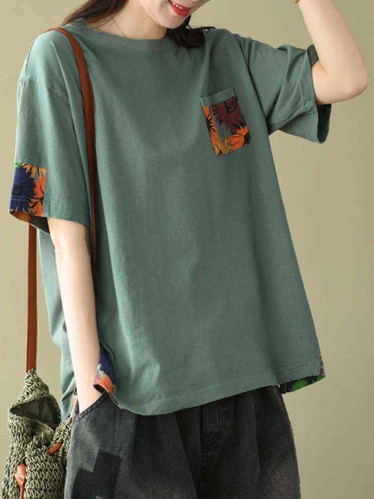 

Pure Cotton Women's T-shirt Literary Print Top Loose Versatile Short Sleeve T-Shirt Fashion Women Blouses 2022 Elegant Summer