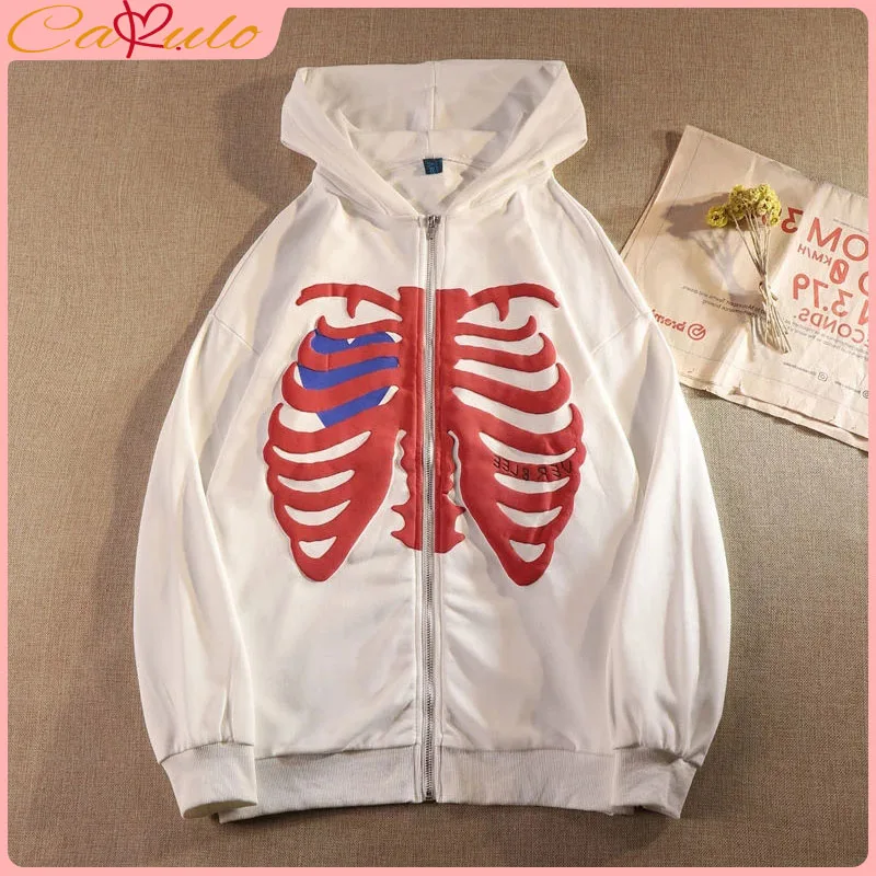 CAKULO Fashion Hot-selling Skeleton Printing Anime Men Women Long-sleeved Zipper Hoodie Jacket Loose Streetwear Y2K Pullover